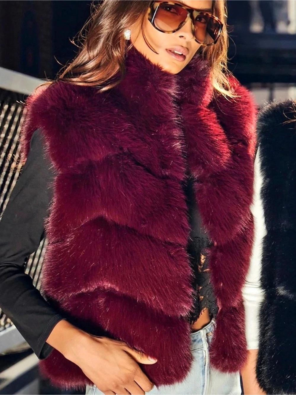 Generation Love Rosario Faux Fur Vest in Burgundy Medium